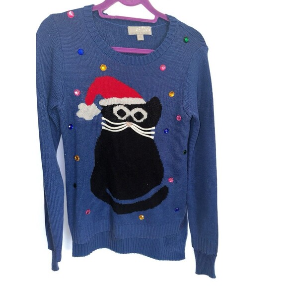 Carolyn Taylor Ugly Christmas Sweater Small Navy Cat Santa Beaded Festive Y2K - Picture 6 of 14